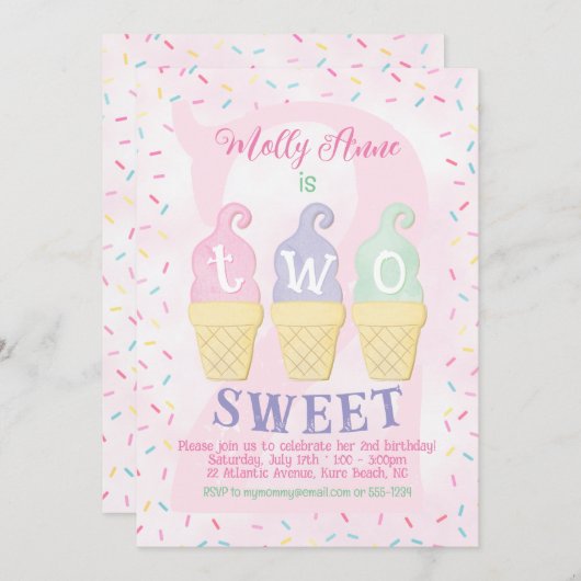 アイスクリームコーン振りかけるパステルピンク2nd誕生日 招待状 (正面/裏面)