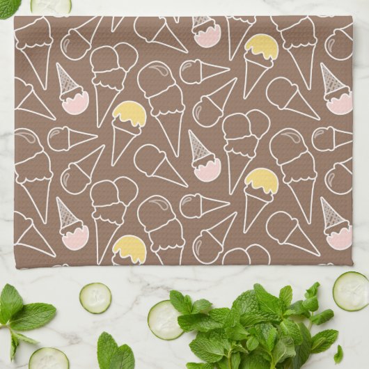 アイスクリームコーン模様(茶) キッチンタオル (折り畳み)