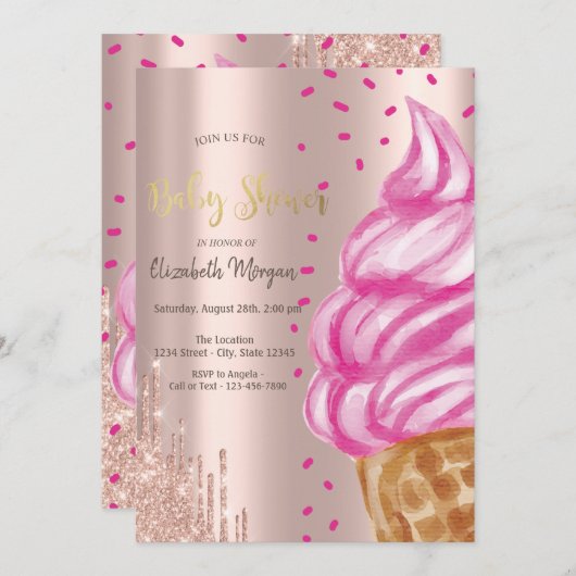 アイスクリームコーン紙吹雪スイーツベビーシャワー 招待状 (正面/裏面)
