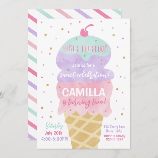 アイスクリームコーン誕生日パーティーの招待状 招待状 (正面/裏面)