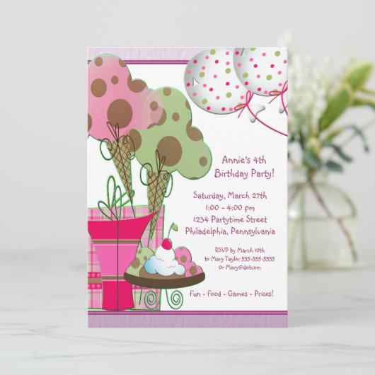 アイスクリームコーン風船ガールズ4th誕生日 招待状 (スタンド正面)