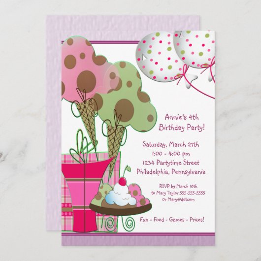 アイスクリームコーン風船ガールズ4th誕生日 招待状 (正面/裏面)