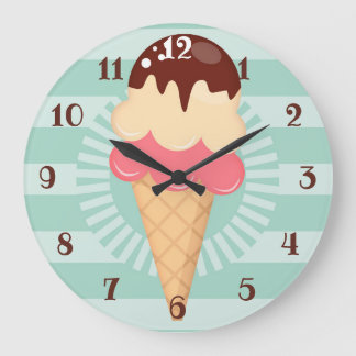 アイスクリームコーン – かわいいチョコレートバニラミントグリーン ラージ壁時計