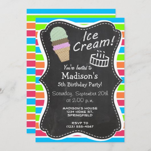アイスクリームコーン;レトロネオンレインボー 招待状 (正面/裏面)