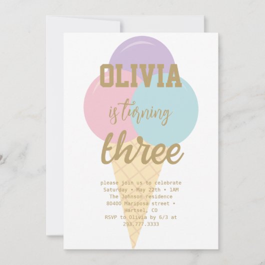 アイスクリームゴールドフォイル書道誕生日パーティー 招待状 (正面)