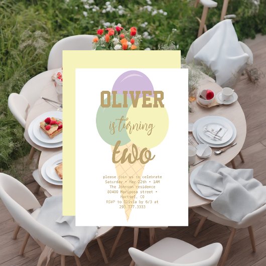 アイスクリームゴールドフォイル書道誕生日パーティー 招待状