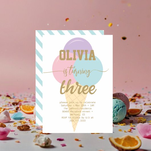 アイスクリームゴールドフォイル書道誕生日パーティー 招待状