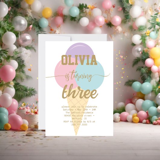 アイスクリームゴールドフォイル書道誕生日パーティー 招待状