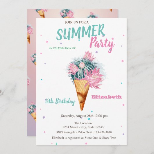 アイスクリームサボスフラワーズサマーバースデーパーティー 招待状 (正面/裏面)