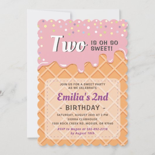 アイスクリームサマースイートベビーガールバースデーパーティー 招待状 (正面)