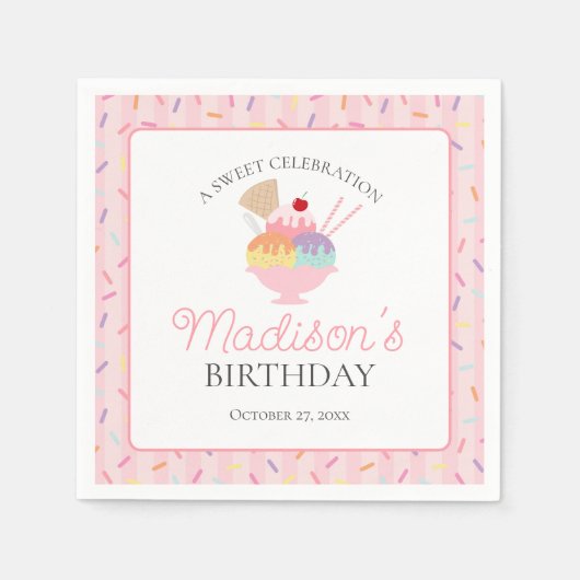 アイスクリームサンデザスクープ甘い誕生日 スタンダードカクテルナプキン (正面)