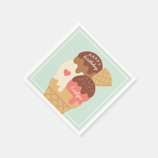 アイスクリームサンデパーソナライズされた子供の誕生日パーティー スタンダードカクテルナプキン (角)