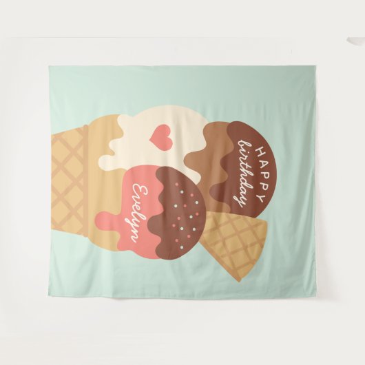 アイスクリームサンデパーソナライズされた子供の誕生日パーティー タペストリー (正面(横))