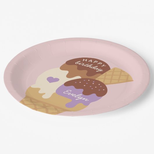 アイスクリームサンデパーソナライズされた子供の誕生日パーティー ペーパープレート (アングル)