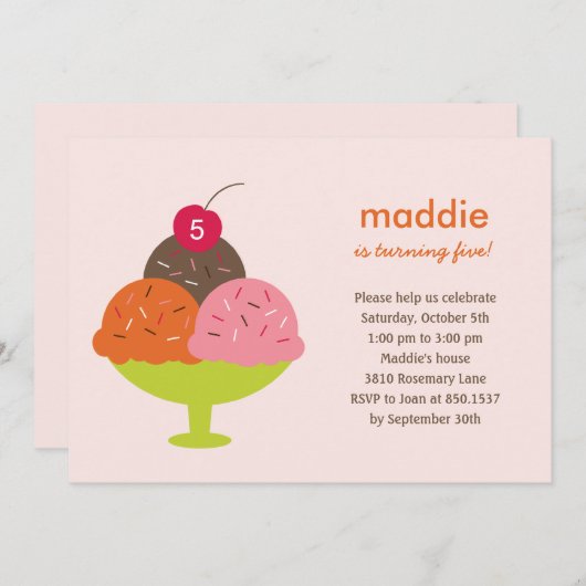 アイスクリームサンデー誕生日パーティーの招待状（ピンク） 招待状 (正面/裏面)