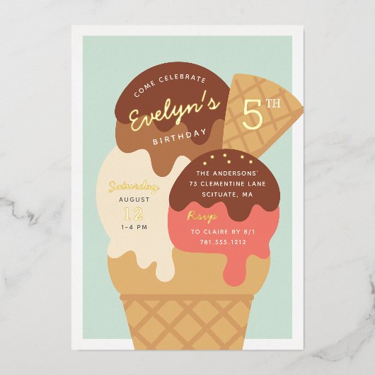アイスクリームサンデ子供の誕生日パーティー 箔招待状 (正面)