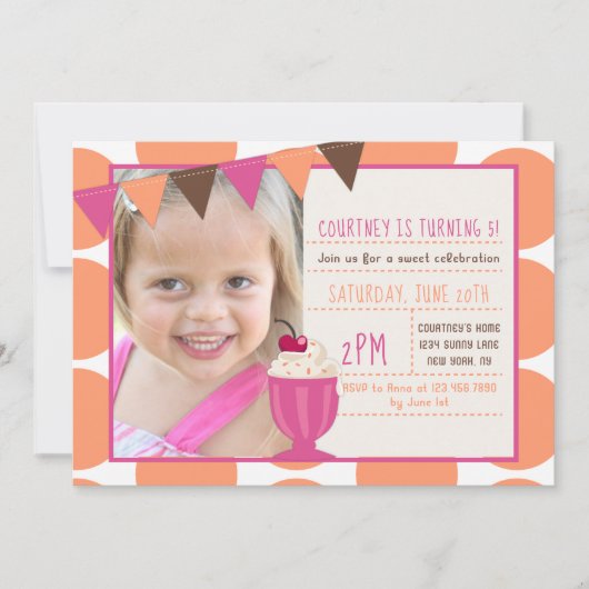 アイスクリームサンデ水玉模様ガールバースデーパーティー 招待状 (正面)