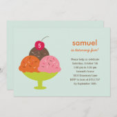 アイスクリームサンデ誕生日パーティーの招待（青） 招待状 (正面/裏面)