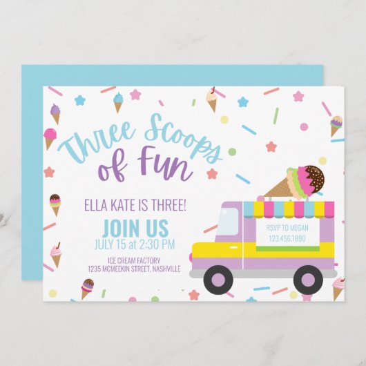 アイスクリームサード誕生日ガールボーイ第3パーティー 招待状 (正面/裏面)