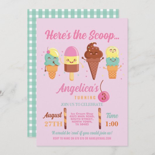 アイスクリームショップかわいい女の子ロリーポップ 招待状 (正面/裏面)
