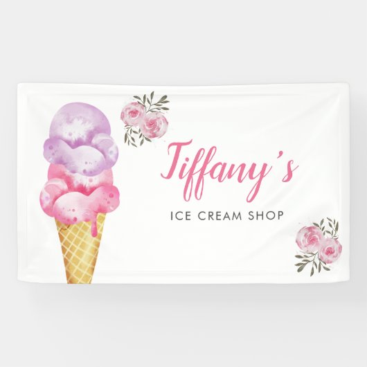 アイスクリームショップピンクフローラ誕生日パーティー 横断幕 (横)
