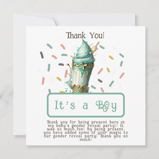 アイスクリームジェンダーがパーティーを男の子に明かす サンキューカード (正面)