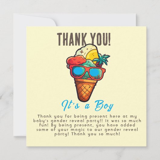 アイスクリームジェンダーがパーティーを男の子に明かす サンキューカード (正面)