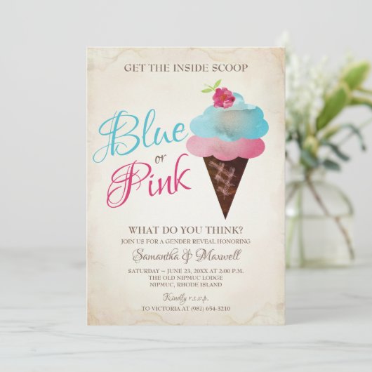 アイスクリームジェンダーリビール招待状ブルーまたはピンク 招待状 (スタンド正面)