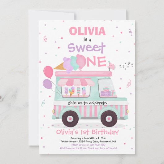 アイスクリームスイートワン誕生日アイスクリームトラック 招待状 (正面)