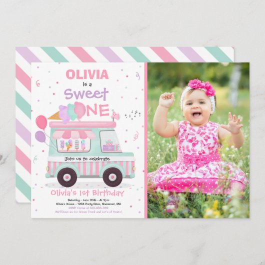 アイスクリームスイートワン誕生日アイスクリームトラックInvit 招待状 (正面/裏面)
