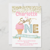 アイスクリームスイートワン金ゴールド振りかける1st誕生日 招待状 (正面)