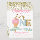 アイスクリームスイートワン金ゴールド振りかける1st誕生日 招待状 (正面/裏面)