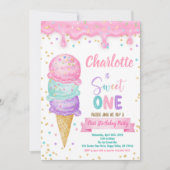 アイスクリームスイートワン1st誕生日パーティーピンクミント 招待状 (正面)