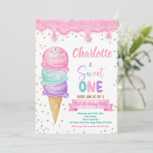アイスクリームスイートワン1st誕生日パーティーピンクミント 招待状 (スタンド正面)