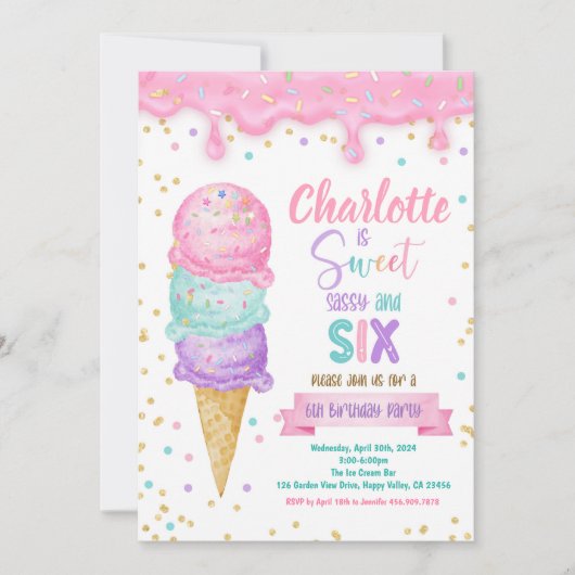 アイスクリームスウィートサッシーと6歳の誕生日パーティー 招待状 (正面)