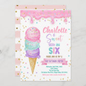 アイスクリームスウィートサッシーと6歳の誕生日パーティー 招待状 (正面/裏面)