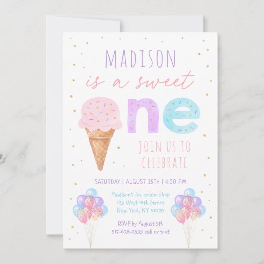 アイスクリームスウィートワンファースト誕生日 招待状 (正面)
