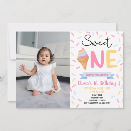 アイスクリームスウィートワンフォトファースト誕生日パーティー 招待状 (正面)