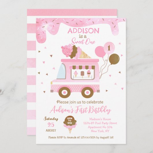 アイスクリームスウィートワン最初の誕生日招待状 セーブザデート (正面/裏面)