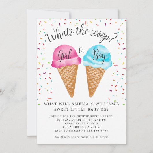 アイスクリームスクープの性別リビールパーティー 招待状 (正面)