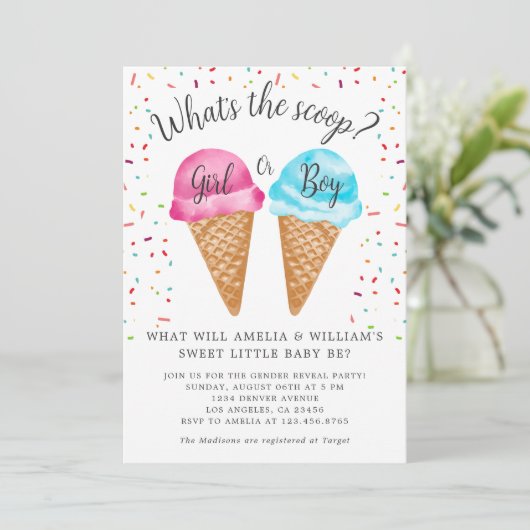 アイスクリームスクープの性別リビールパーティー 招待状 (スタンド正面)