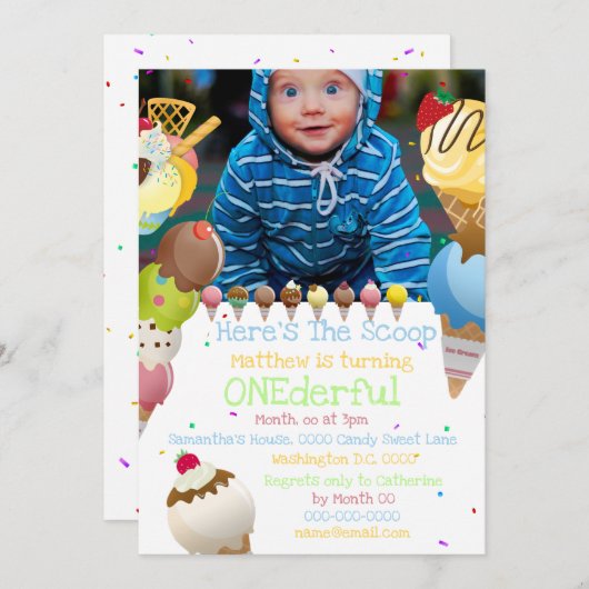 アイスクリームスクープ夏の写真カラフルパーティー 招待状 (正面/裏面)