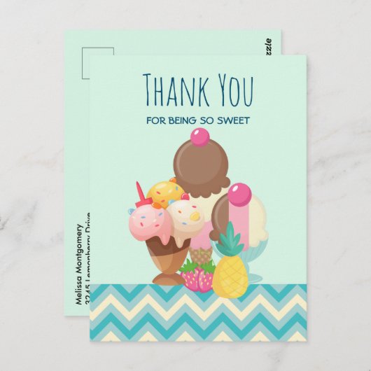 アイスクリームスコップと振りかけるパーティーありがとう ポストカード (正面/裏面)