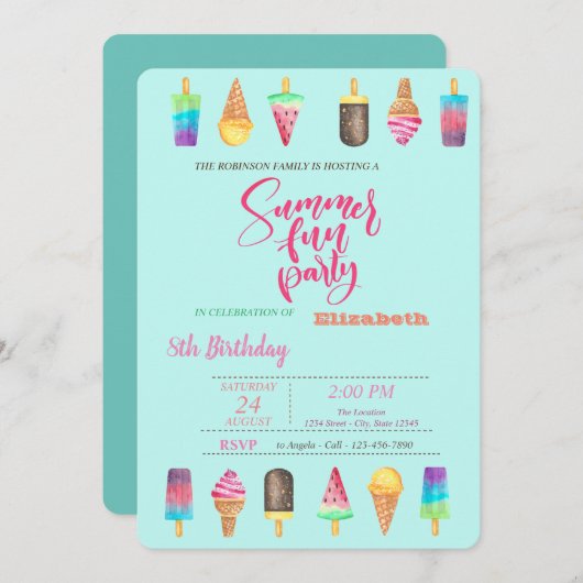 アイスクリームスサマーバースデーパーティー 招待状 (正面/裏面)