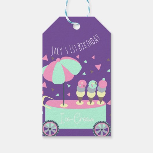 アイスクリームスタンドの紙吹雪の誕生日パーティー 紫 ギフトタグ (正面)