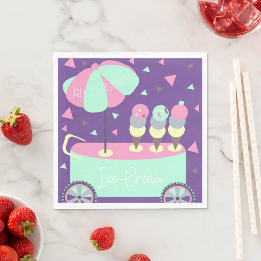 アイスクリームスタンド紙吹雪バースデーパーティーパープル スタンダードランチョンナプキン (インサイチュ)