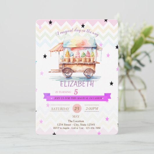 アイスクリームスターズジグザグ誕生日招待状 招待状 (スタンド正面)