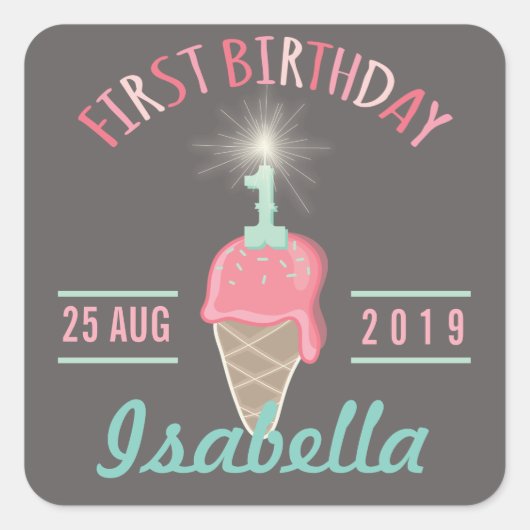 アイスクリームスパークラー1st誕生日パーティーギフトラベル スクエアシール (正面)