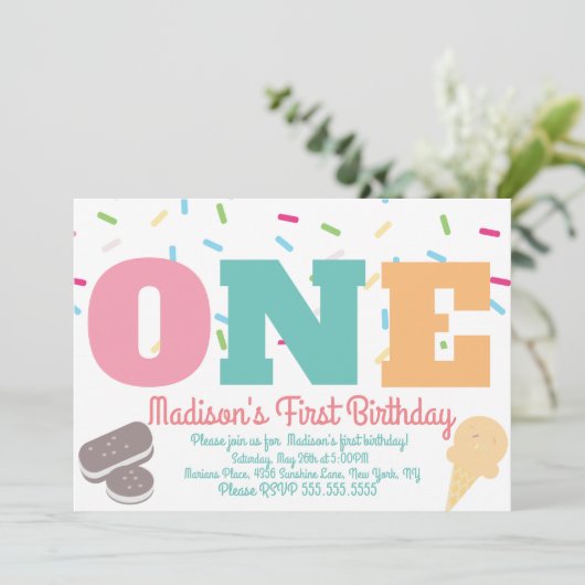 アイスクリームスプリンクルパステルガールズバースデーパーティー 招待状 (スタンド正面)