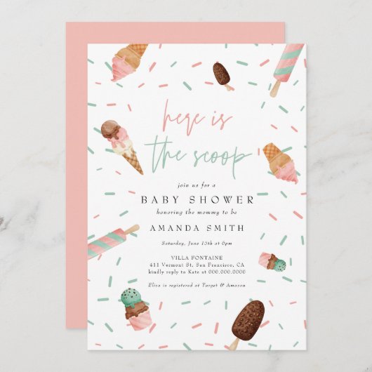 アイスクリームスプリンクルピンクサマーガールベビーシャワー 招待状 (正面/裏面)